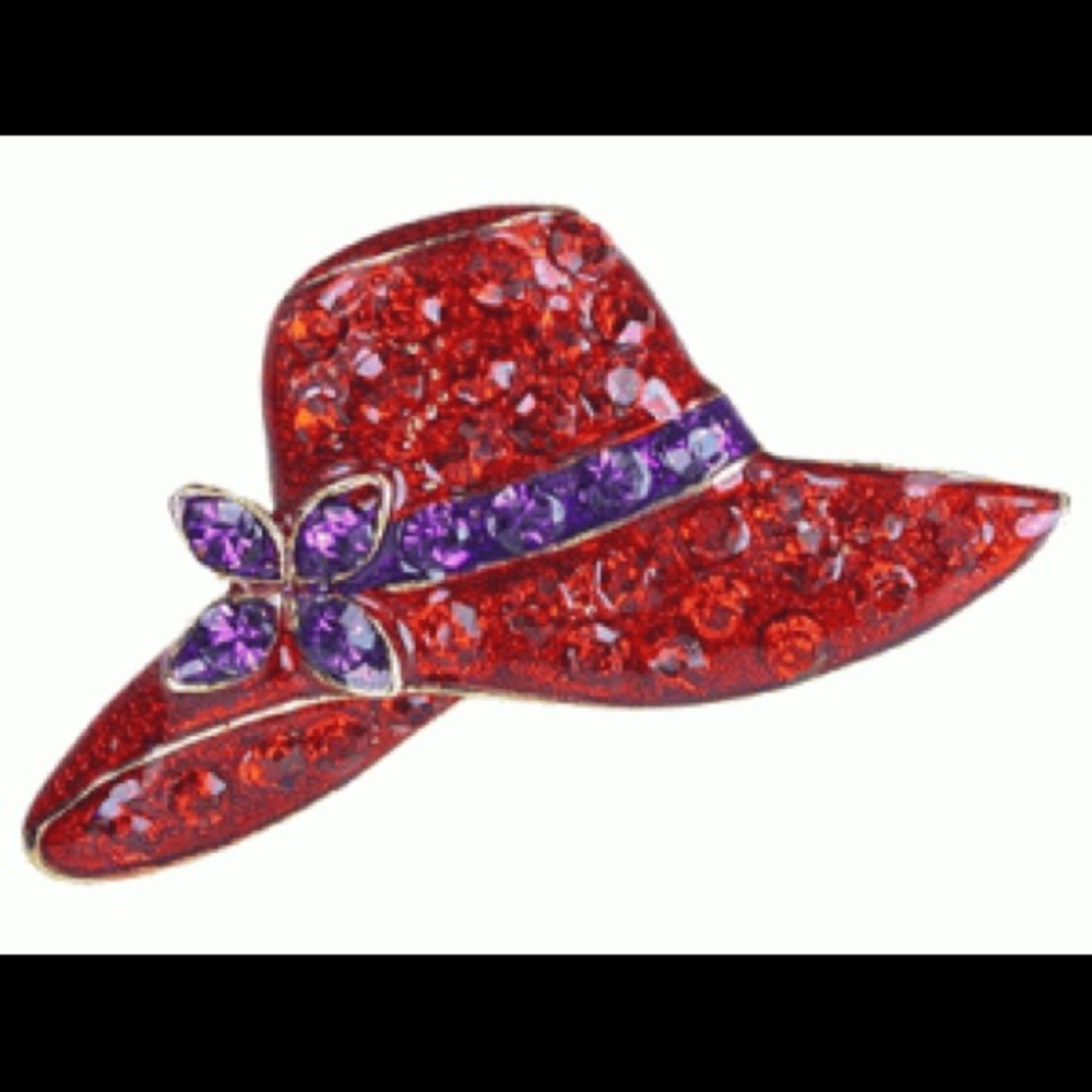 Vintage Lady Red Hat Society Rhinestone Brooch Pin